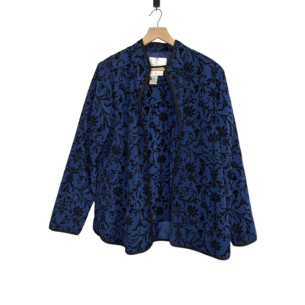 Susan Graver Style Blue Black Velvet Flocked Damask Jacket and Tank Set Women M